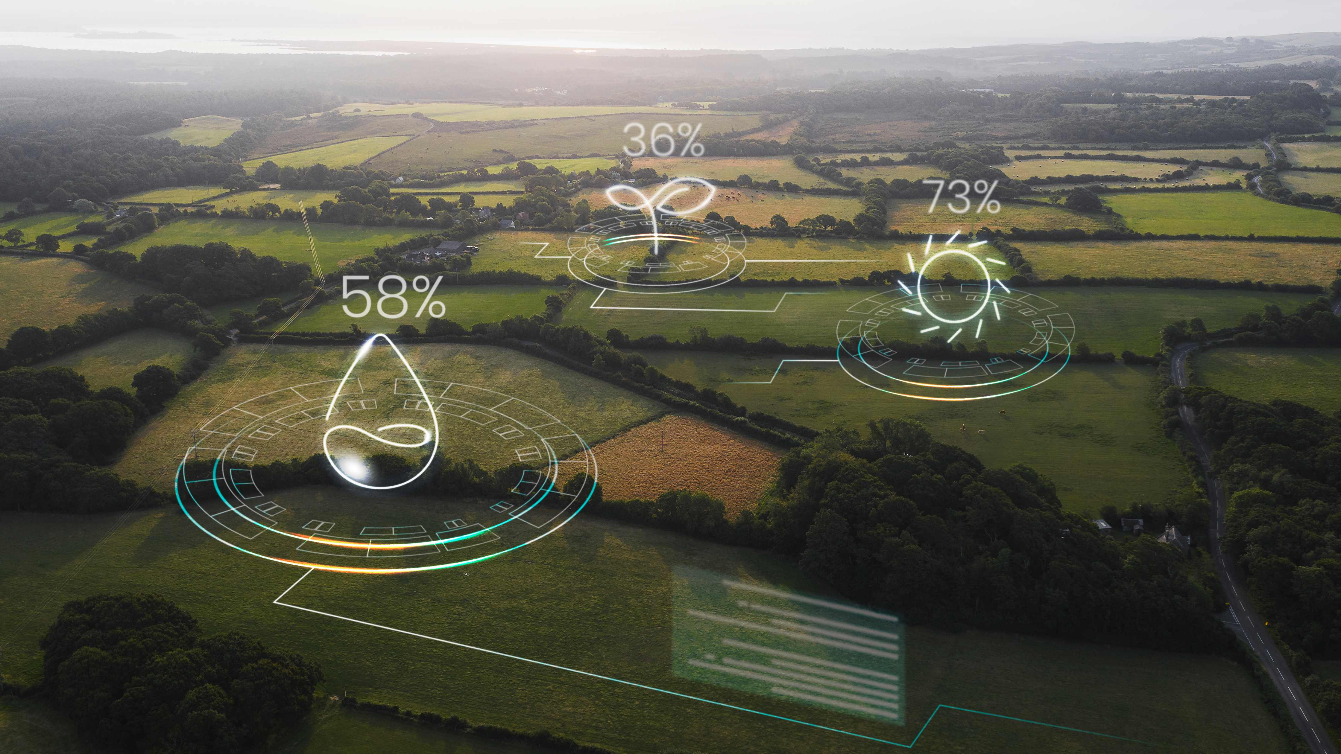 Smart agriculture IoT solutions with aerial view of connected farmland