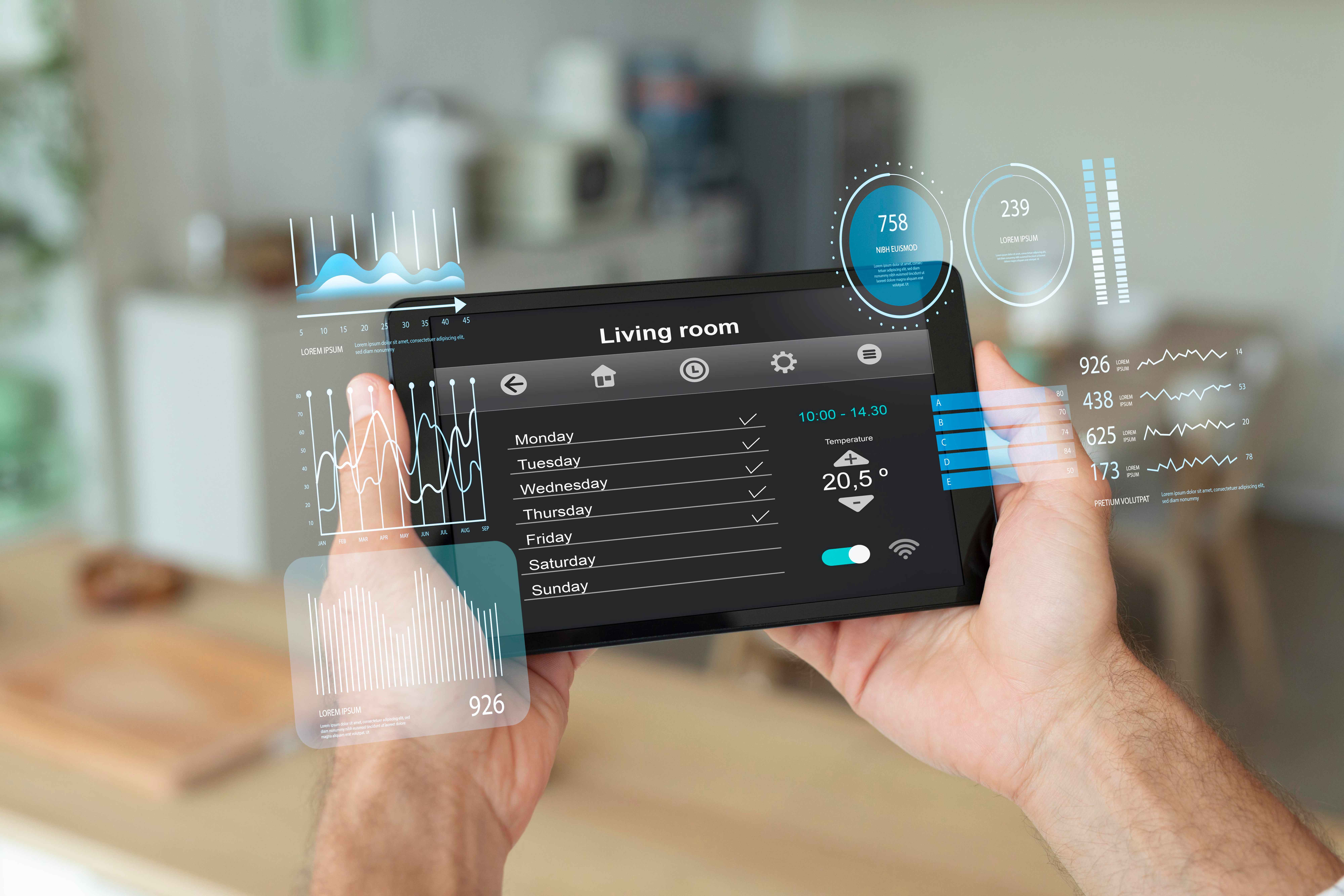 Real-time IoT dashboard showing smart home controls and data analytics